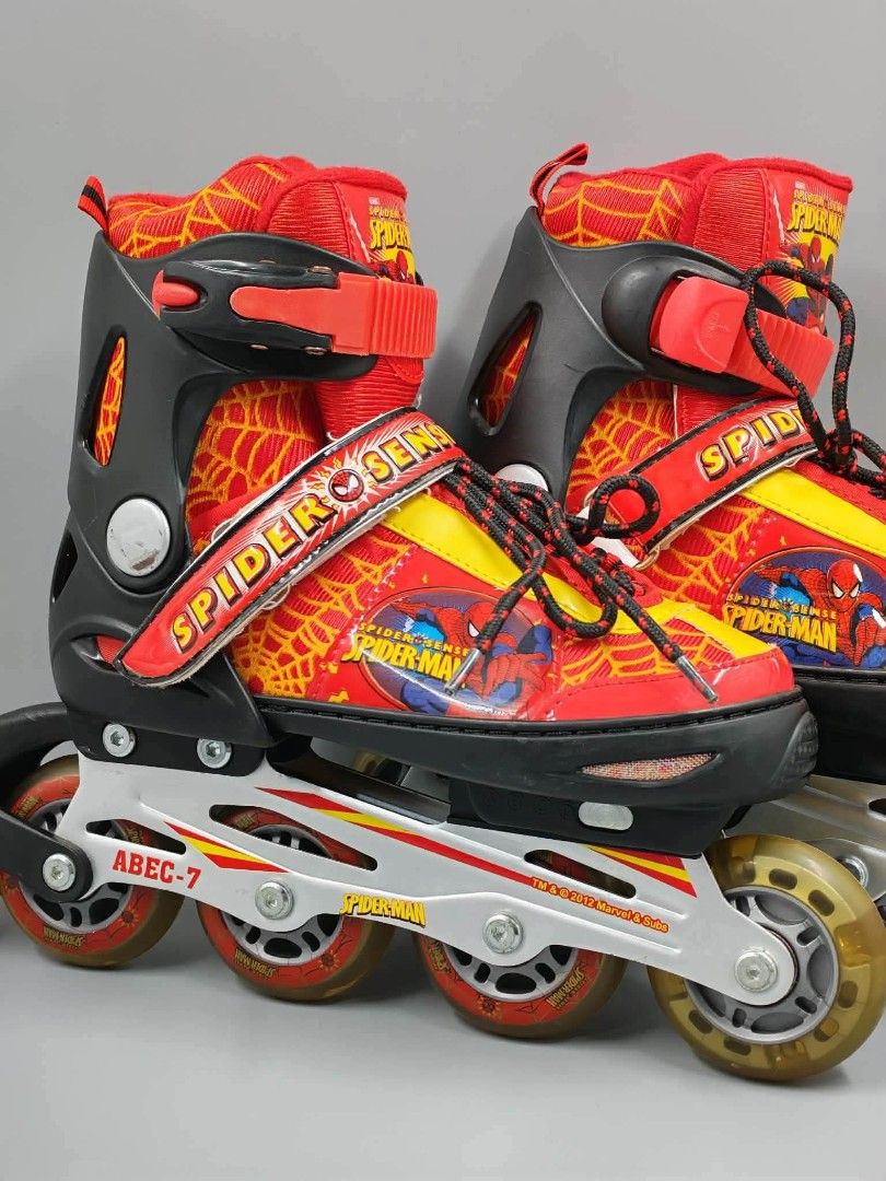 Spider-Man Inline Roller Skates ABEC-7 Size 35-38 (Category: Skates, Rollerblades & Scooters) located in Manila. Submitted by thrifty_cool (Listing ID 1448761249, Image 1). Description: - Authentic Spider-Man inline roller skates - Vibrant red and yellow design with iconic Spiderman graphics - Equipped with high-performance ABEC-7 bearings for smooth gliding - Adjustable size: Fits EU 35 to 38 (equivalent to CM 22-24.5) - Perfect for beginner ska
