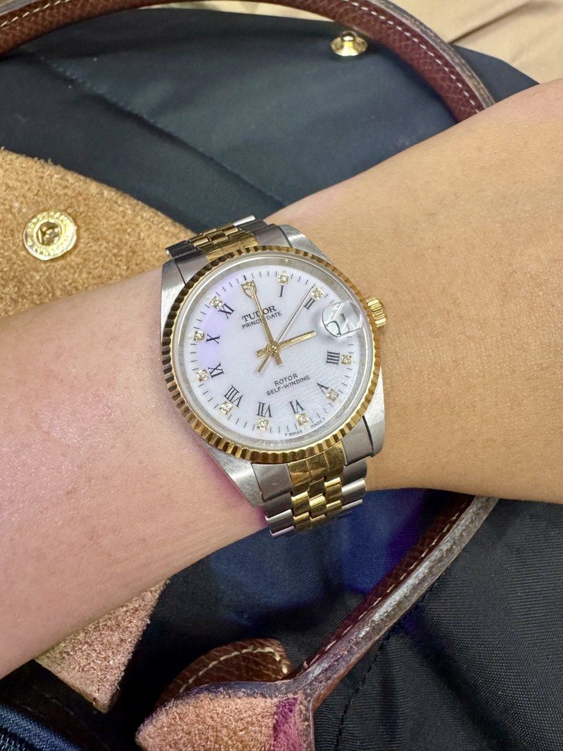 Tudor Prince Oyster Date Reference 72033 (Category: Luxury Watches) located in Quezon City. Submitted by jperks0102 (Listing ID 1448867944, Image 2). Description: Tudor Prince 32mm Steel and Yellow Gold Plated Automatic Movement Rotor Self-Winding White Roman Dial With Diamonds Watch Only Condition: 9.5/10 .