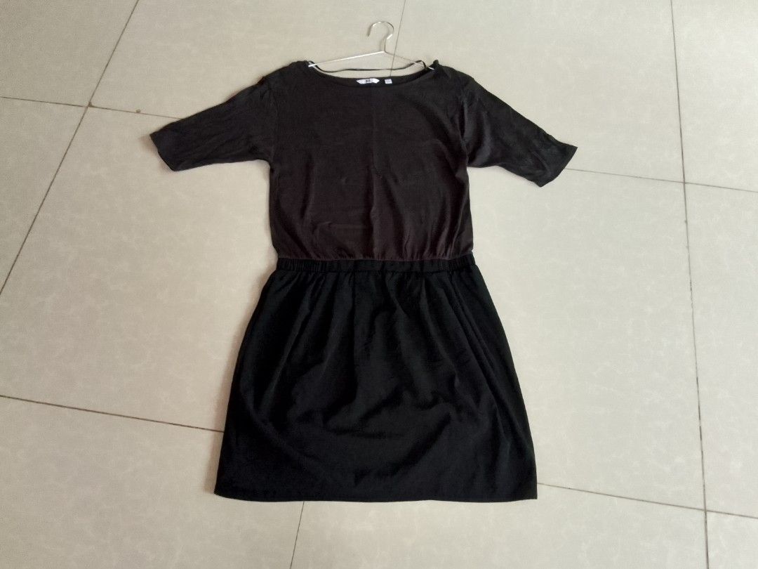 Uniqlo Black Dress (Category: Dresses) located in Davao. Submitted by declutter-ecothings (Listing ID 1448717762, Image 2). Description: Uniqlo cotton fabric light black top, suede dark black bottom elastic waist. In good condition. No flaws.