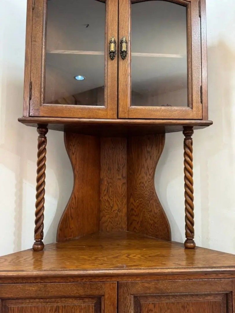 Vintage Corner Display Cabinet (Category: Shelves, Cabinets & Racks) located in Quezon City. Submitted by dannikkishoppe2 (Listing ID 1448776305, Image 3). Description: Vintage Corner Display Cabinet ₱9500‼️ Perfect for displaying fancy plates, teacups, or cherished collectibles Space saving piece designed to sit neatly in a corner and this is a great way to make the most of that space L31 x W16 x H69.8 inches Solid wood, plywood, decorative boar
