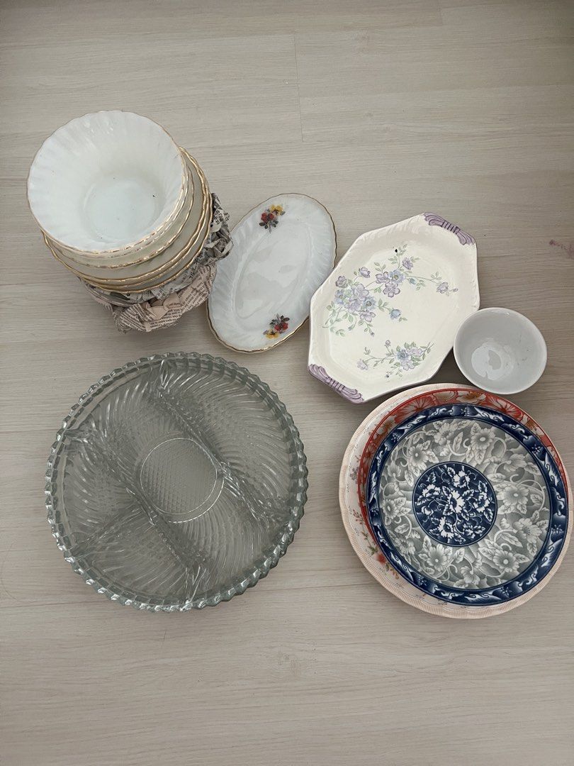 Vintage Glass Bowls, Serving Platters, and Plates Set