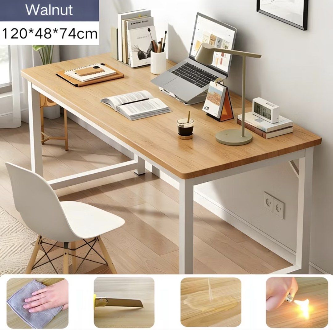 Walnut Wood Study Desk with White Metal Legs (Category: Tables & Sets) located in Davao. Submitted by keemaay (Listing ID 1448883659, Image 2). Description: - Simple and sturdy study desk - Walnut wood tabletop - White metal legs - Dimensions: 120cm (width) x 48cm (depth) - Ample space for computer and work essentials - Ideal for home office or study room - Easy to assemble.