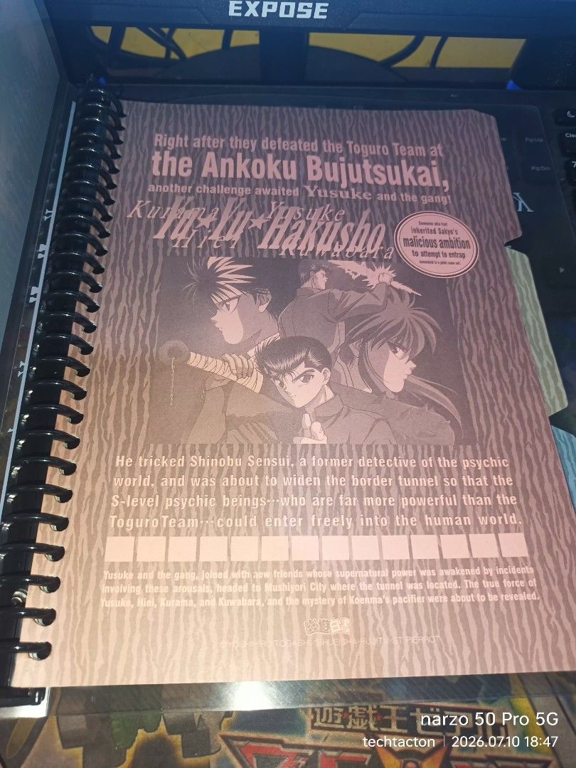 Yu Yu Hakusho Art Book Binder (Category: Comics & Manga) located in Santo Tomas. Submitted by pickers_corner (Listing ID 1448808529, Image 2). Description: YO YO HAKUSHO (Ghost Fighter) rare Notebook binder with 3 chapter separator good as new - Official Yu Yu Hakusho Art Book/Binder - Packed with anime artwork and story details - Featu res beloved characters like Yusuke, Hiei, Kurama, and Kuwabara - Spiral-bound for convenient page-turning - Inc