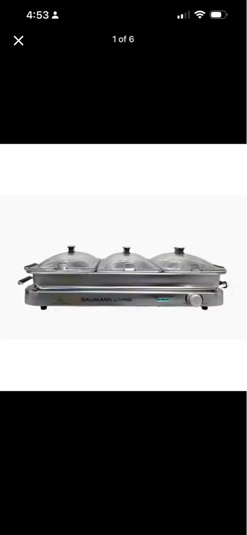 2 pcs Baumann Living Electric 3-Compartment Chafing Dish Buffet Server (Category: Other Kitchenware & Tableware) located in Lubao. Submitted by appleglaze (Listing ID 1448994332, Image 2). Description: - Baumann Living 3-compartment electric chafing dish - Ideal for parties and gatherings - Keeps food warm and ready to serve - Includes lids and serving utensils - Easy-to-use temperature control knob - Durable stainless steel construction.