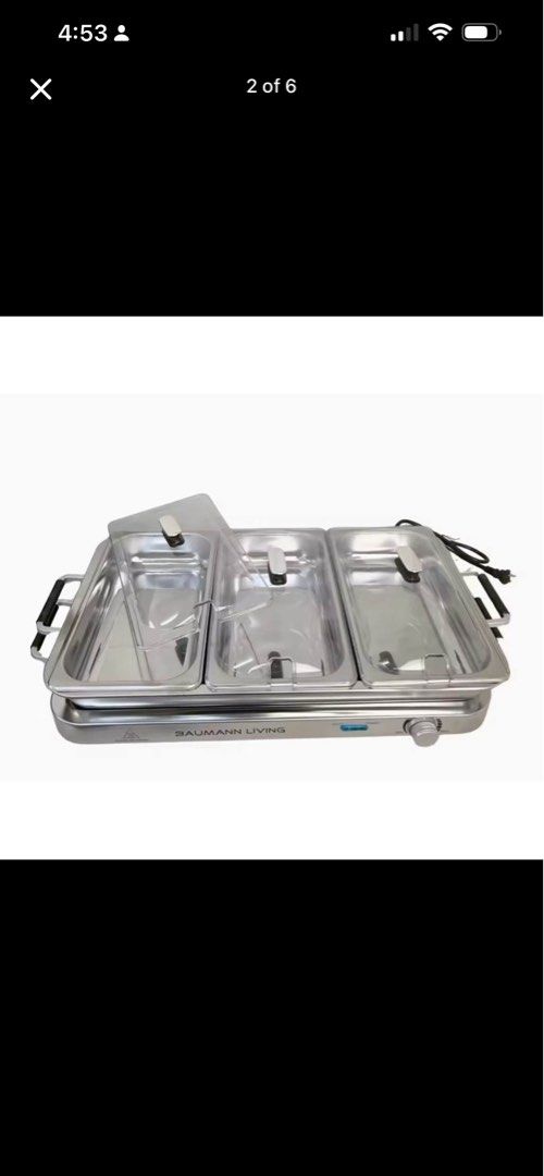 2 pcs Baumann Living Electric 3-Compartment Chafing Dish Buffet Server (Category: Other Kitchenware & Tableware) located in Lubao. Submitted by appleglaze (Listing ID 1448994332, Image 1). Description: - Baumann Living 3-compartment electric chafing dish - Ideal for parties and gatherings - Keeps food warm and ready to serve - Includes lids and serving utensils - Easy-to-use temperature control knob - Durable stainless steel construction.