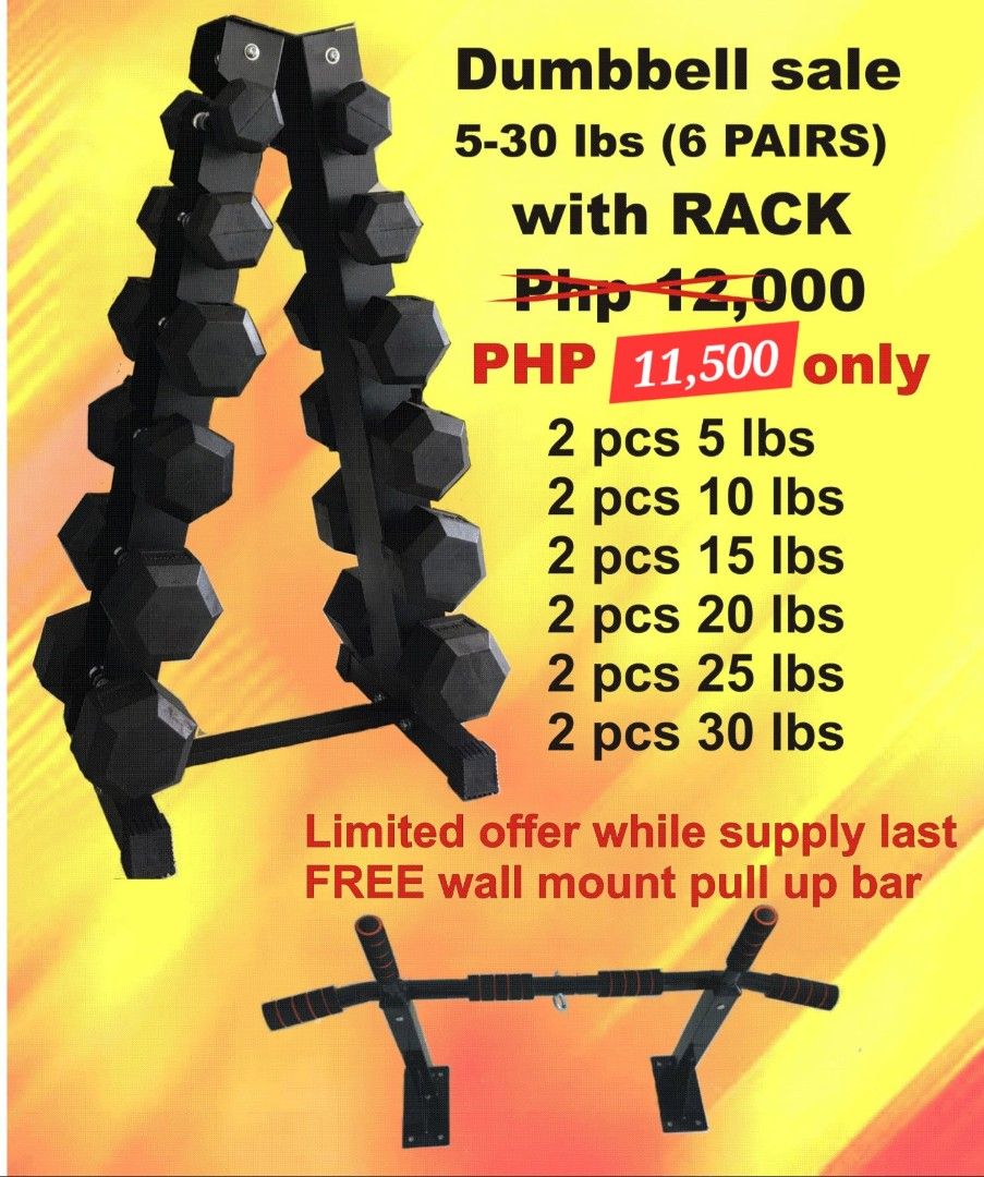 5to30lbs hexagonal rubberized dumbbell set with tree rack 6pair dumbbell (Category: Weights & Dumbbells) located in Valenzuela. Submitted by carlo_023 (Listing ID 1448924196, Image 1). Description: .