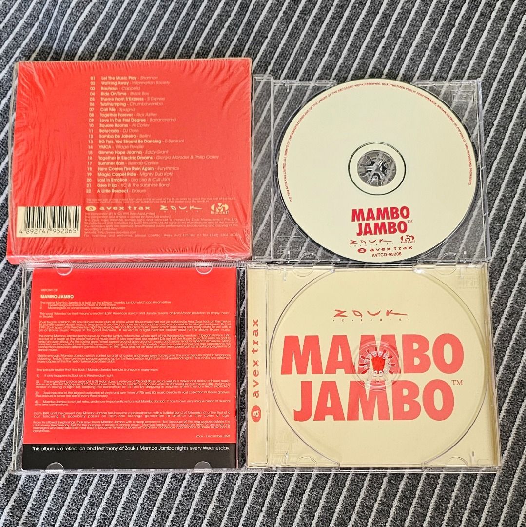 🌟🇸🇬 [CD Mixed] Zouk Club: Mambo Jambo (1998) (Category: CDs & DVDs) located in Singapore. Submitted by strangecell (Listing ID 1449067414, Image 2). Description: Many more Various Genres: https://www.carousell.sg/p/1253907759 Electronic Dance, EDM, DJ Mix: https://carousell.com/p/1035784902 Easy Listening, Funk Soul, Lounge, Jazz, New Age, Chill-out: https://carousell.com/p/1028943398 ************************************** Self-collect at Area