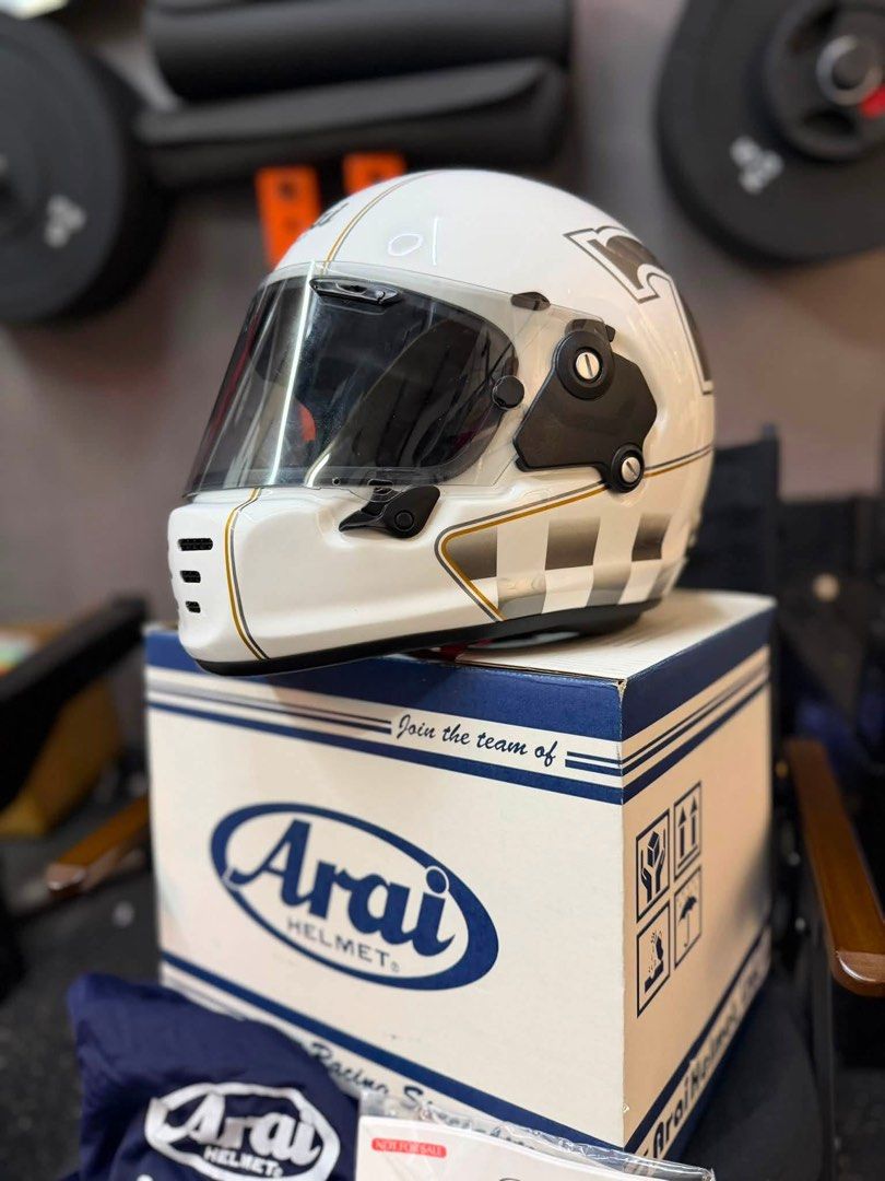 Arai Helmet Full Face White Racing Special Edition (Category: Helmets and other Riding Gears) located in Quezon City. Submitted by jb111195 (Listing ID 1448924474, Image 3). Description: Helping a friend Selling Arai Rapid Neo Cafe Racer (Large) Arai Complete with box and dustbag P20,000 Seldom used, can pass as 9.5/10 Location Quezon City.