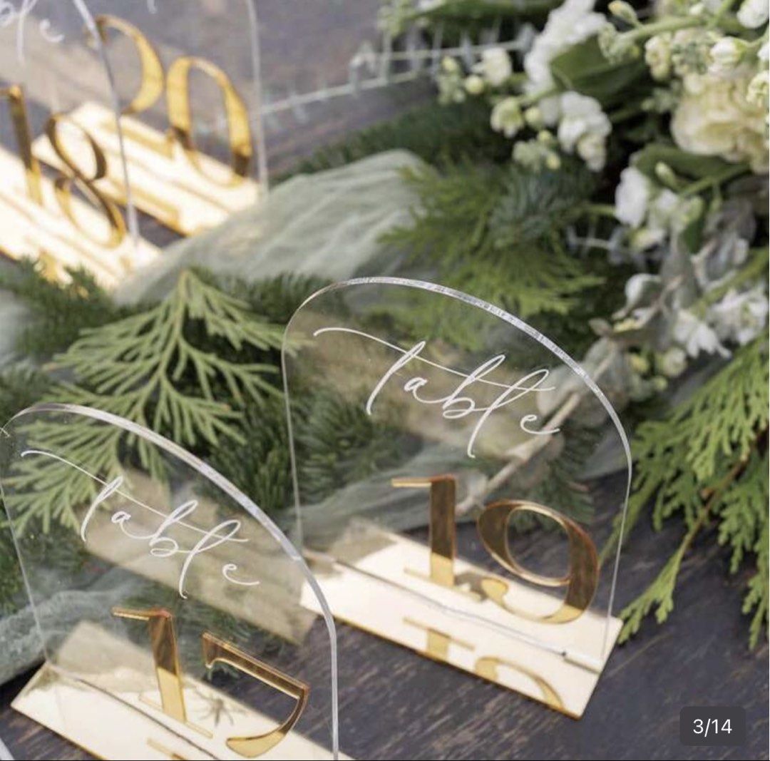 Arch Acrylic Table Numbers for Weddings & Events (Category: Tables & Sets) located in Pasig City. Submitted by mklqn (Listing ID 1448935789, Image 2). Description: - Set of 10 arch-shaped acrylic table numbers (1-10) - Elegant gold lettering and base - Ideal for weddings, parties, and special events - Adds a modern and chic touch to your decor - Each number measures approximately 15cm in height - Easy to display on any table.