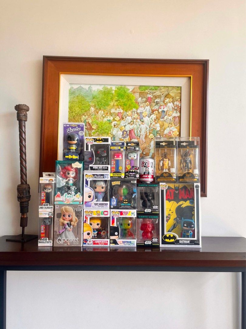 ASSORTED FUNKO POPs for SALE! (Category: Designer & Blind Box Toys) located in Taguig. Submitted by funkoboes (Listing ID 1449009105, Image 1). Description: Star Wars Pez: P100 Each Batman Popsies: P200 Ariel: P250 Cinderella Q Posket: P300 Batman Earth: P400 Fairy Godmother: P300 Rainbow Brite and Twink: P400 Pez Batman Chase: P250 Joker Pez: P150 Dorbz Batman: P300 Batman Pride: P300 John Wick Soda: P250 Darth Vader Red / Black: P150 Each Russe