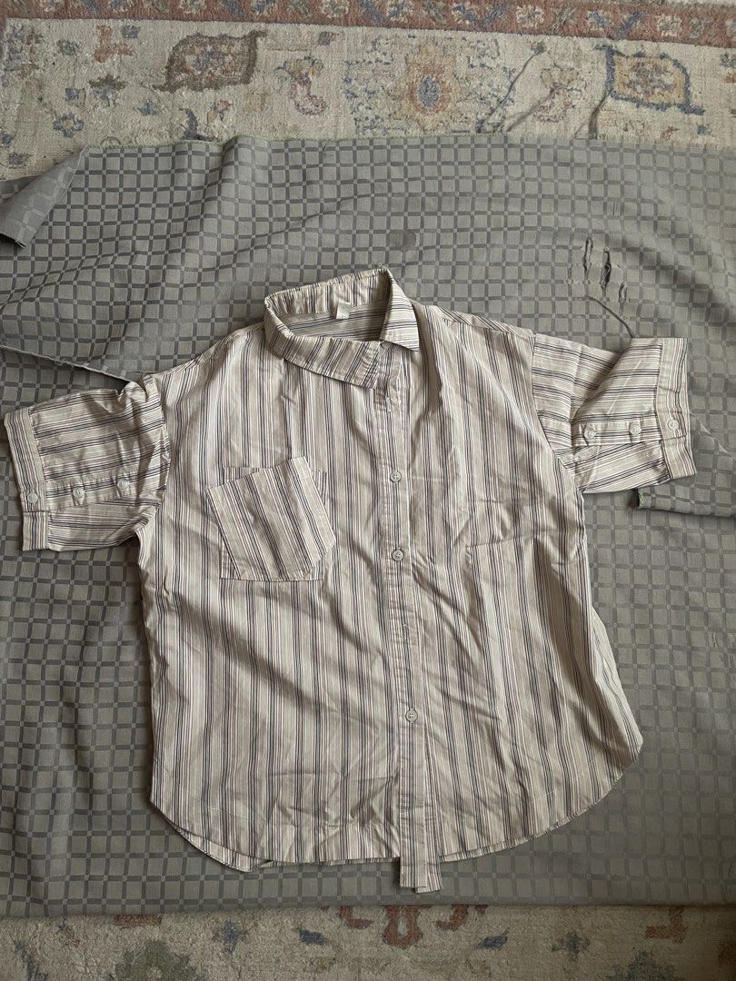 Asymmetrical Striped Button-Up Short Sleeve Shirt (Category: Shirts) located in Manila. Submitted by wildae (Listing ID 1449004488, Image 1). Description: Negotiable!! - comfy fit for medium - funny design - nice for officewear.