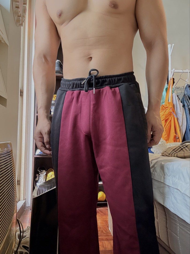 Authentic Topman Track Pants (Category: Activewear) located in Mandaluyong City. Submitted by material_boi (Listing ID 1448943085, Image 2). Description: Store bought at Topman Megamall when Topman was still around. 56% polyester and 44% cotton. Very nice. Lakas maka-pep squad. Combination of black and maroon. The fit is relaxed/loose not baggy. Though the tag says XS, this can fit 26-30 inches. Garterized and may waist string pa siya so you can 