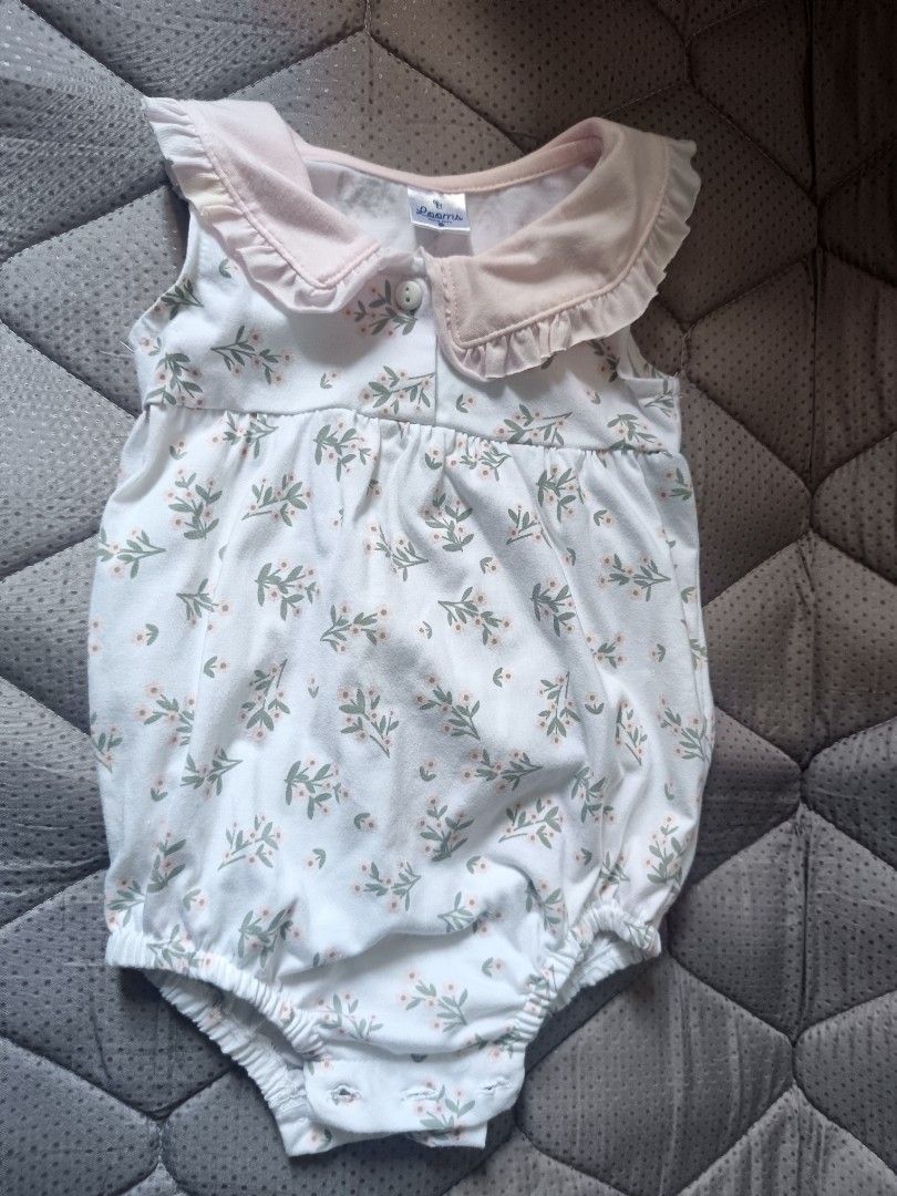 Baby Girl Rompers Bundle - Various Prints (Category: Babies & Kids Fashion) located in Manila. Submitted by ellebe_22 (Listing ID 1448959896, Image 2). Description: - Bundle of 5 baby girl rompers - Assorted designs: pink strawberry, floral with Peter Pan collar, white embroidered, peach teddy bear applique, yellow floral - All sleeveless - Convenient snap closures at the bottom for easy diaper changes - Ideal for warm weather.