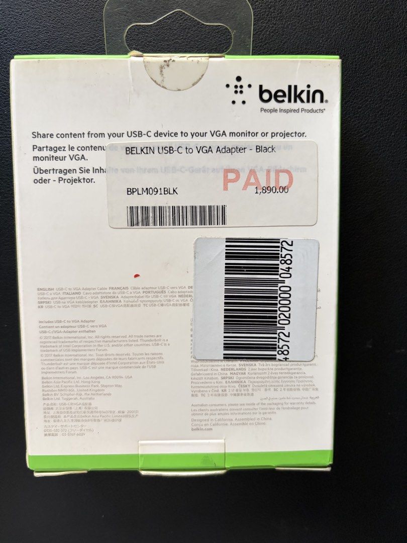 Belkin USB-C to VGA Adapter - Black (Category: Cables & Adaptors) located in Bulacan. Submitted by darylp (Listing ID 1448909935, Image 2). Description: - Belkin USB-C to VGA Adapter - Connect USB-C devices to VGA monitors or projectors - Cable Length: 14cm (5 inches) - Color: Black - Model: BPLM091BLK.