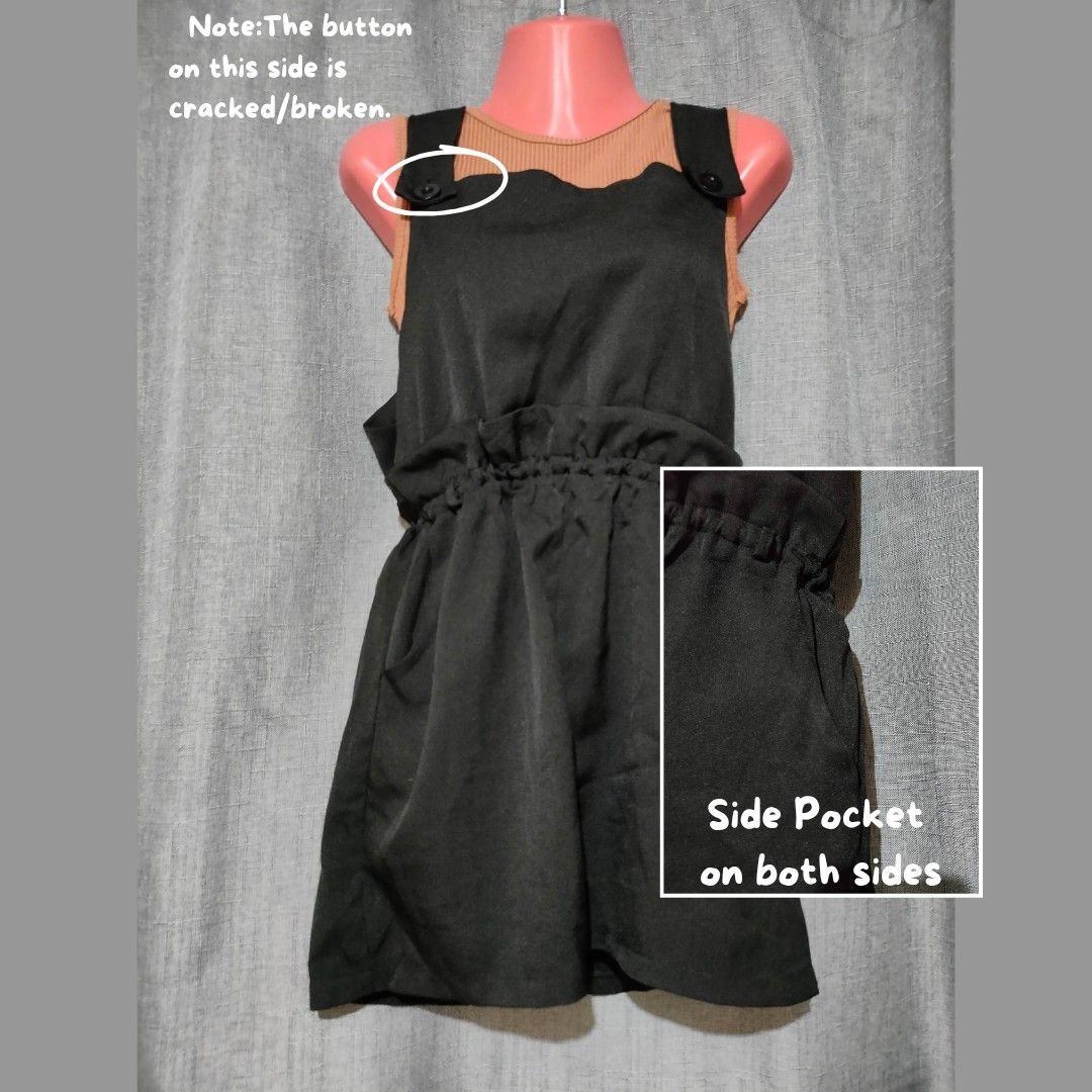 Black Scalloped Pinafore Romper Dress (Category: Dresses) located in Marikina City. Submitted by styledandsassified (Listing ID 1449041271, Image 1). Description: Scalloped Overalls / Pinafore Romper Details: Black overall pinafore romper, thick button straps, scalloped neckline, paperbag elastic waist, pockets on both sides. Inclusions: Outer black romper only (inner top NOT included) Color: Black Size: Small Condition Details: One strap button 