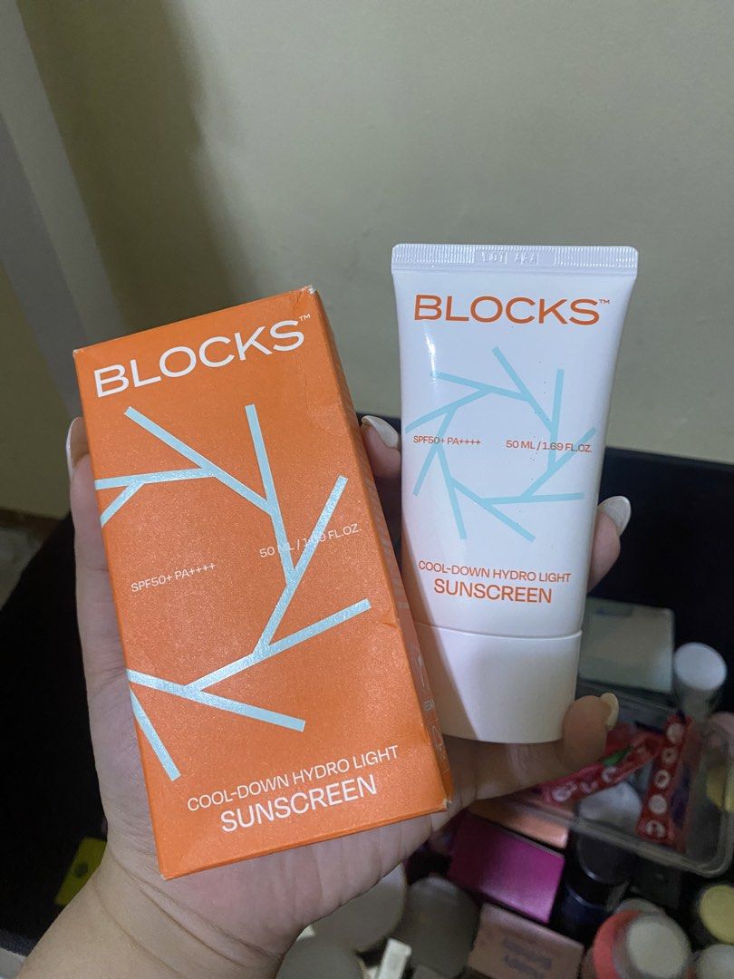 BLOCKS Cool-Down Hydro Light Sunscreen SPF50+ PA++++ (Category: Face Care) located in Manila. Submitted by goldenmnl (Listing ID 1448946207, Image 1). Description: - BLOCKS Cool-Down Hydro Light Sunscreen - High Protection: SPF50+ PA++++ - Size: 50ml / 1.69 fl.oz - Comes with original box - Ideal for daily sun protection.