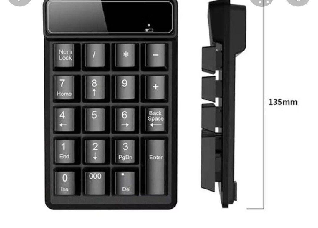 Bluetooth Numeric Keypad (Category: Computer Keyboard) located in Singapore. Submitted by zard42 (Listing ID 1448978439, Image 2). Description: - Black numeric keypad - Slim design, 135mm length - bluetooth connectivity - Includes Num Lock, Home, End, 000, Backspace, Enter, and Delete keys - Perfect for efficient data entry and quick number typing.