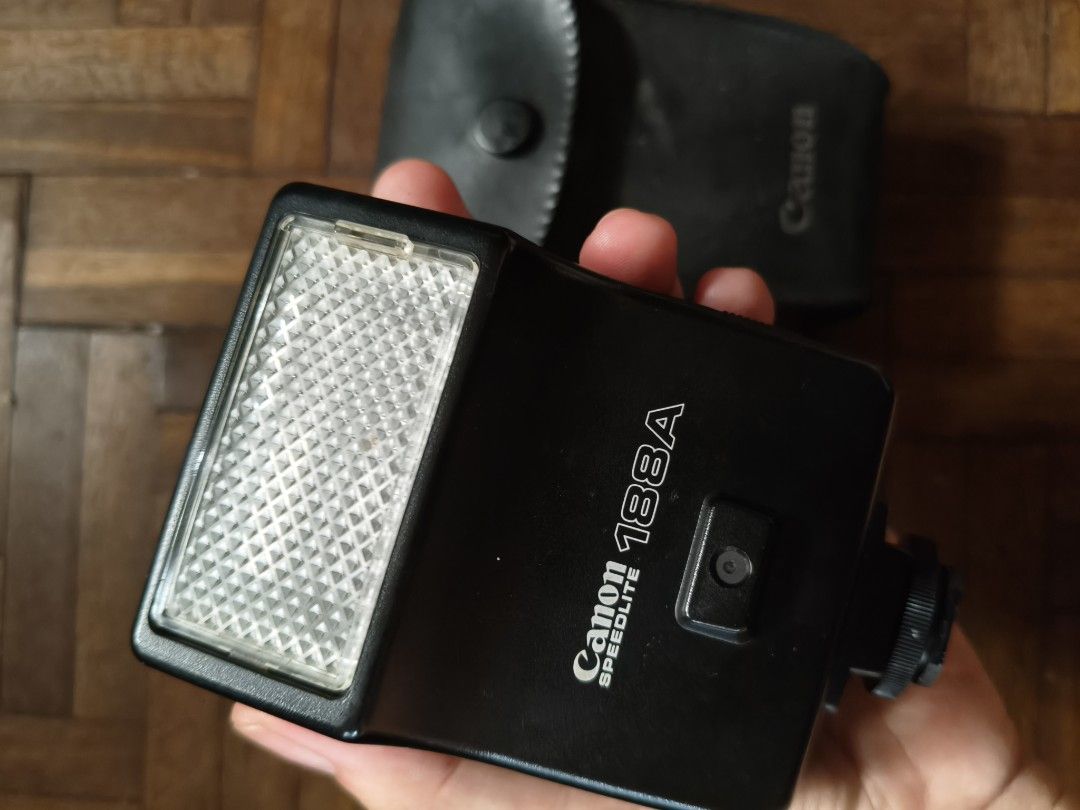 Canon Speedlite 188A External Flash with Case (Category: Flashes) located in Quezon City. Submitted by giveitalife (Listing ID 1448972994, Image 1). Description: - Vintage Canon Speedlite 188A external flash - Perfect for film photography enthusiasts - Manual flash with adjustable ASA and aperture settings - Includes original Canon leather case - Tested and confirmed working stored only, slightly used.