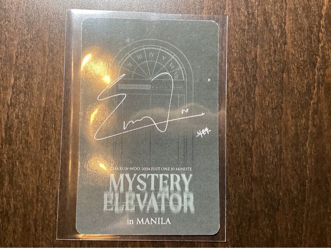 Cha Eun-woo 2024 Mystery Elevator Manila Photocard (Category: K-Wave Merchandise) located in Bacoor. Submitted by marnievera (Listing ID 1449053345, Image 2). Description: - Authentic Cha Eun-woo photocard - From the 2024 Mystery Elevator in Manila event - Features his signature on the back - Rare and highly collectible item for fans.