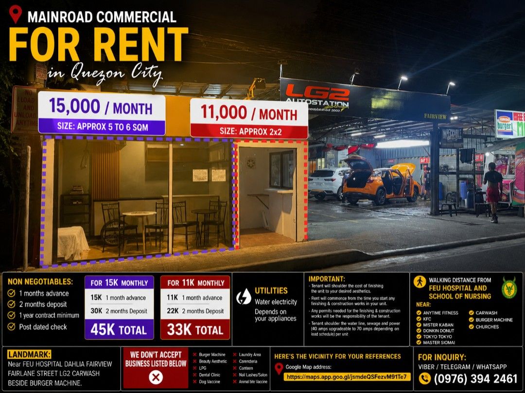Commercial Space for Rent Main Road (Category: Commercial) located in Quezon City. Submitted by aisaoreta (Listing ID 1448962564, Image 1). Description: 📍Commercial For Rent in Quezon City Please read below carefully. Questions with answers already posted will not be replied to. If interested, PLEASE SEND THE FOLLOWING INFORMATION: Full Name: Registered Business Name: Type of Business New business? (Y/N): How many months or years the business is