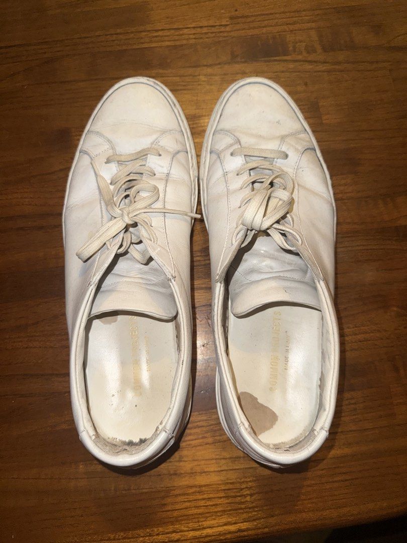 Common Projects White Leather Sneakers Size 43 EU, 10 US (Category: Sneakers) located in Quezon City. Submitted by jsgalisim52451 (Listing ID 1449033905, Image 2). Description: PTPA fs 6,995 slightly nego Common Projects White Achilles Size 43EU Issues: Heel drag, slight sole separation *repainted soles by grail sneaker care QC loc.