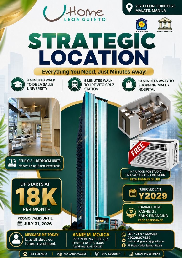 Condormitel UHomes Leon Guinto (Category: Apartments & Condos) located in Manila. Submitted by cedarspring_realty7887 (Listing ID 1449058102, Image 3). Description: INVEST WHERE DEMAND NEVER STOPS. Your Smartest Real Estate Investment Starts Here. UHomes Leon Guinto – Malate, Manila Own a premium condominium in one of Manila's most strategic and high-demand locations—perfect for investors, OFWs, parents with children studying in Manila, and young
