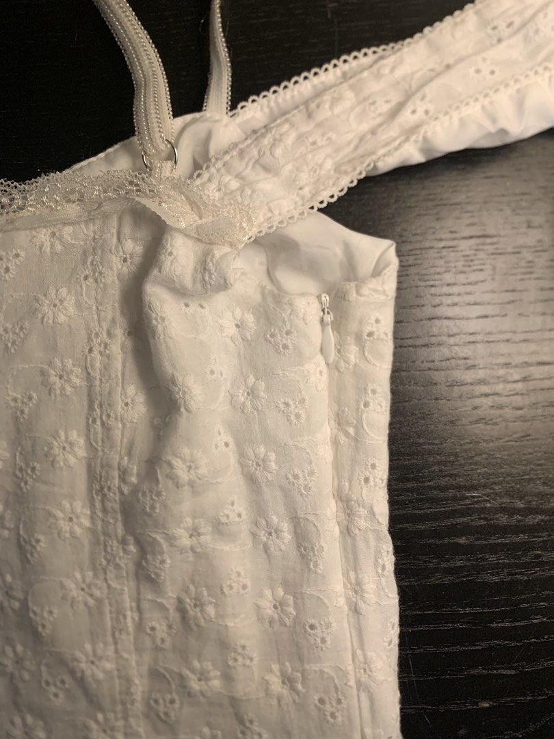 Coquette White Offshoulder Dress (Category: Dresses) located in Cavite. Submitted by issaeurrr (Listing ID 1449090024, Image 3). Description: -embroidered cotton -satin inner -ruffled bottoms -functional side zipper -very pretty in person.