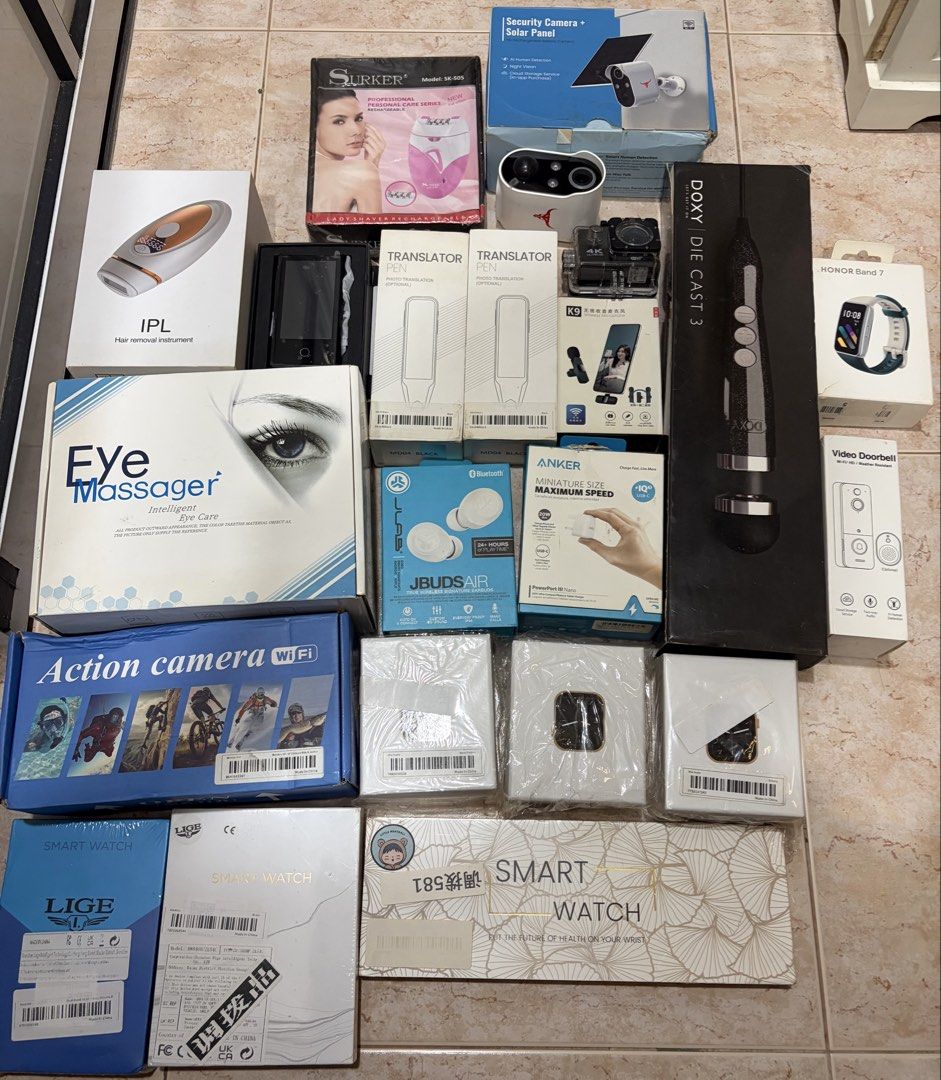 ELECTRONIC BUNDLE 2 (Category: Other Gadgets) located in Singapore. Submitted by blaankxx (Listing ID 1449026730, Image 1). Description: Getting rid of auction item . - IPL Hair Removal Device - Eye Massager - WiFi Action Camera - Smart Watches (some LIGE branded) - Translator Pens - JBuds Air Earbuds - Anker Charger - Solar Panel Security Camera - Doxy Die Cast 3 Device - Excellent variety of electronics!.