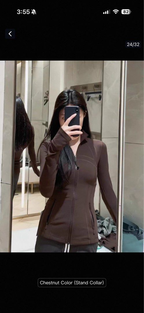 EXERCISE JACKET (Category: Blouses) located in Singapore. Submitted by crispymalapotatoes (Listing ID 1448981309, Image 1). Description: lululemon define jacket doop bought from tao bao! material is great and shapes your figure, can fit a lulu size 4. feel free to pm for more pics - Chestnut brown yoga blouse - Stand collar for warmth and windproof - Stylish zipper pockets - Thumbholes for secure sleeves - Fleece-lined for extra warmth - Sweat-wi