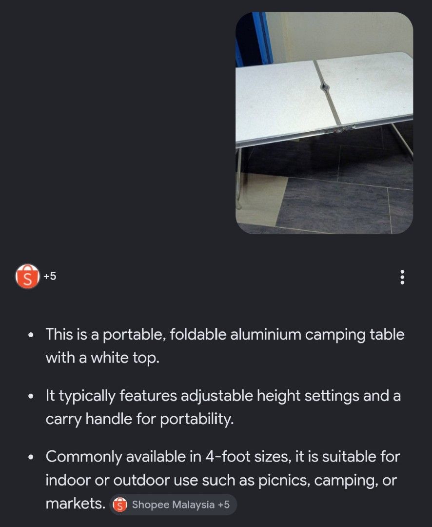 Foldable Aluminium Camping Table (Category: Other Kitchenware & Tableware) located in Kuala Selangor. Submitted by radiomoviespace (Listing ID 1449055681, Image 3). Description: description in photo.