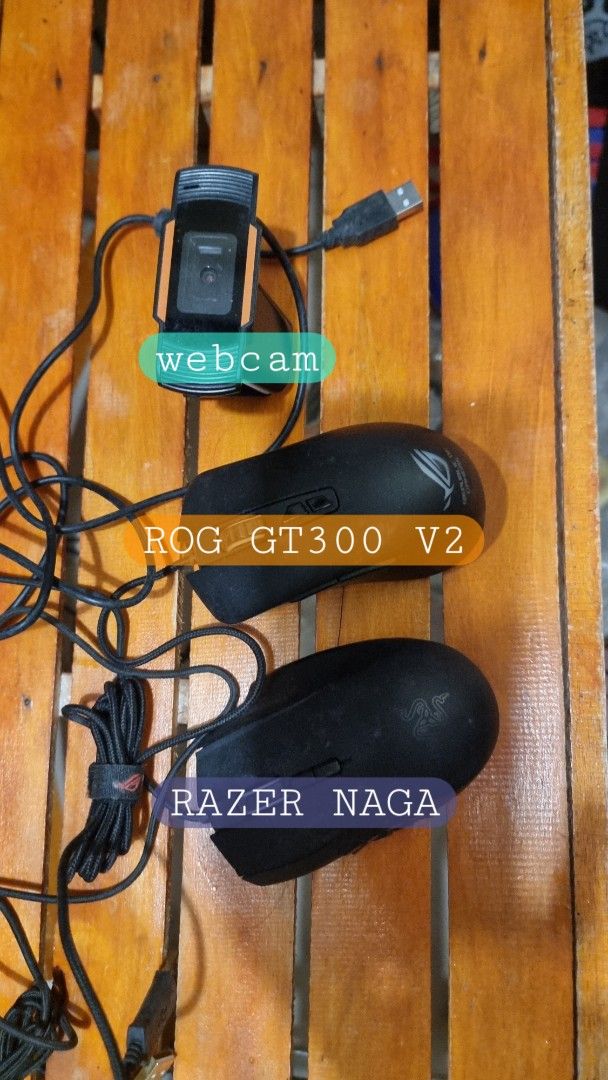 Gaming Mice & Keyboard - ROG, Razer, Hori (Category: Computer Keyboard) located in Paranaque City. Submitted by tdy80 (Listing ID 1448896940, Image 2). Description: 600 - ROG Gladius 2 gaming mouse 600 - ROG GT300 V2 mouse 600 - Razer Mamba TE gaming mouse 600 - Razer Mamba Elite gaming mouse 600 - Razer Taipan gaming mouse 600 - Razer Naga gaming mouse 200 - Genius wireless mouse 500 - Hori keyboard for PS4 200 - Webcam - All items are working -