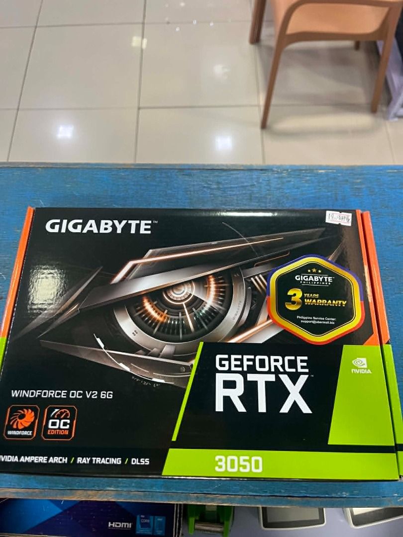 Gigabyte GeForce RTX 3050 WINDFORCE OC V2 6G (Category: Computer Parts) located in Caloocan City. Submitted by rarewater_466cdb (Listing ID 1449005728, Image 1). Description: - Gigabyte RTX 3050 WINDFORCE OC V2 6G Graphics Card - Powered by NVIDIA Ampere Architecture - Features Ray Tracing and DLSS for enhanced visuals - Comes with a 3-year manufacturer's warranty - Ideal for gaming and creative applications.