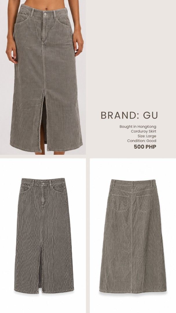 GU Corduroy Maxi Skirt with Front Slit (Category: Skirts) located in Manila. Submitted by sisasells (Listing ID 1449101511, Image 3). Description: - Grey corduroy maxi skirt from GU - Condition: Good - Size: Large - Features a front slit for easy movement - Negotiable - Classic five-pocket styling - Versatile piece for your wardrobe.
