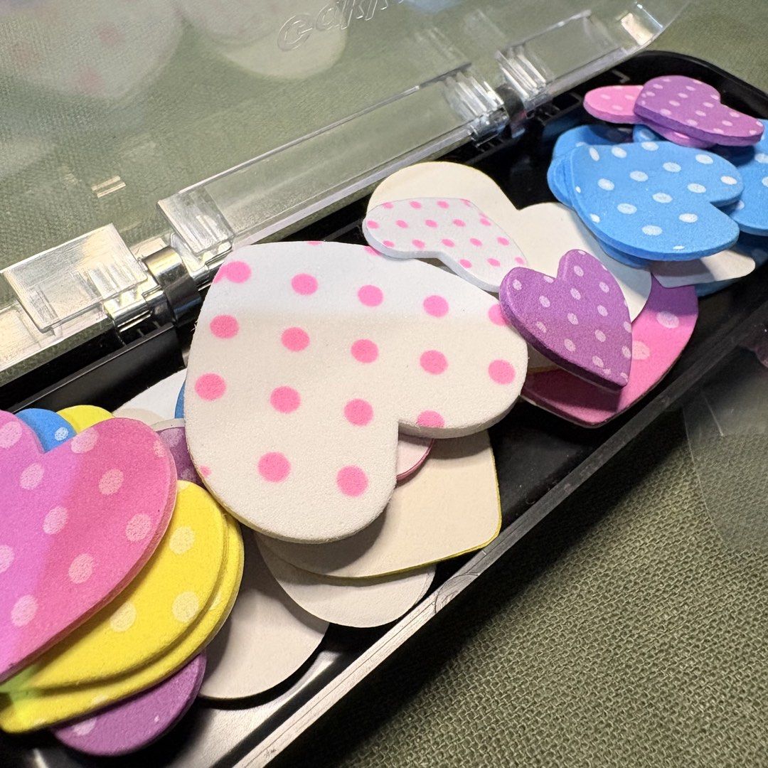 Heart stickers (Category: Craft Supplies & Tools) located in Marikina City. Submitted by victoryinjesus (Listing ID 1449014248, Image 2). Description: - Assorted heart-shaped stickers - Features various colors and polka dot patterns - Comes in a convenient storage case - Ideal for crafting, journaling, and decorating.