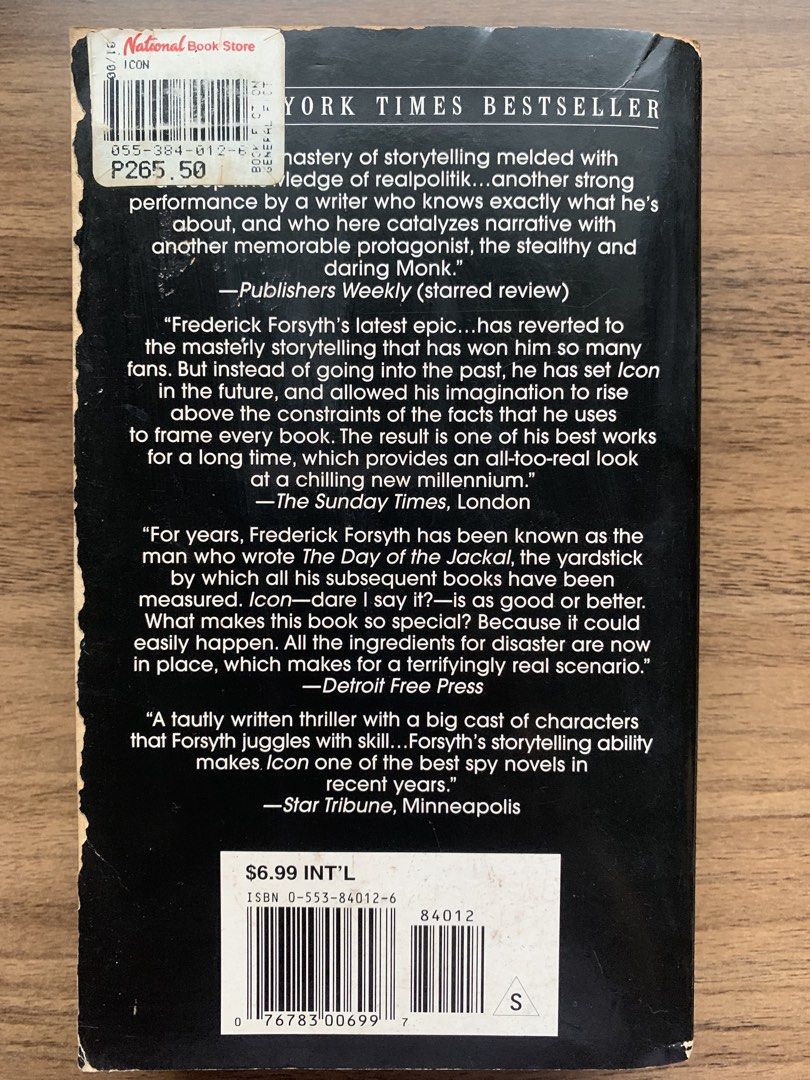 Icon • Frederick Forsyth (Category: Storybooks) located in Paranaque City. Submitted by thingsofold (Listing ID 1448951142, Image 2). Description: a 1997 geopolitical thriller novel by British author Frederick Forsyth. Set in post-Cold War Russia, the plot follows former CIA agent Jason Monk who is recruited to stop the rise of Igor Komarov, a sinister nationalist poised to win the presidency using a frightening “Black Manifesto”.