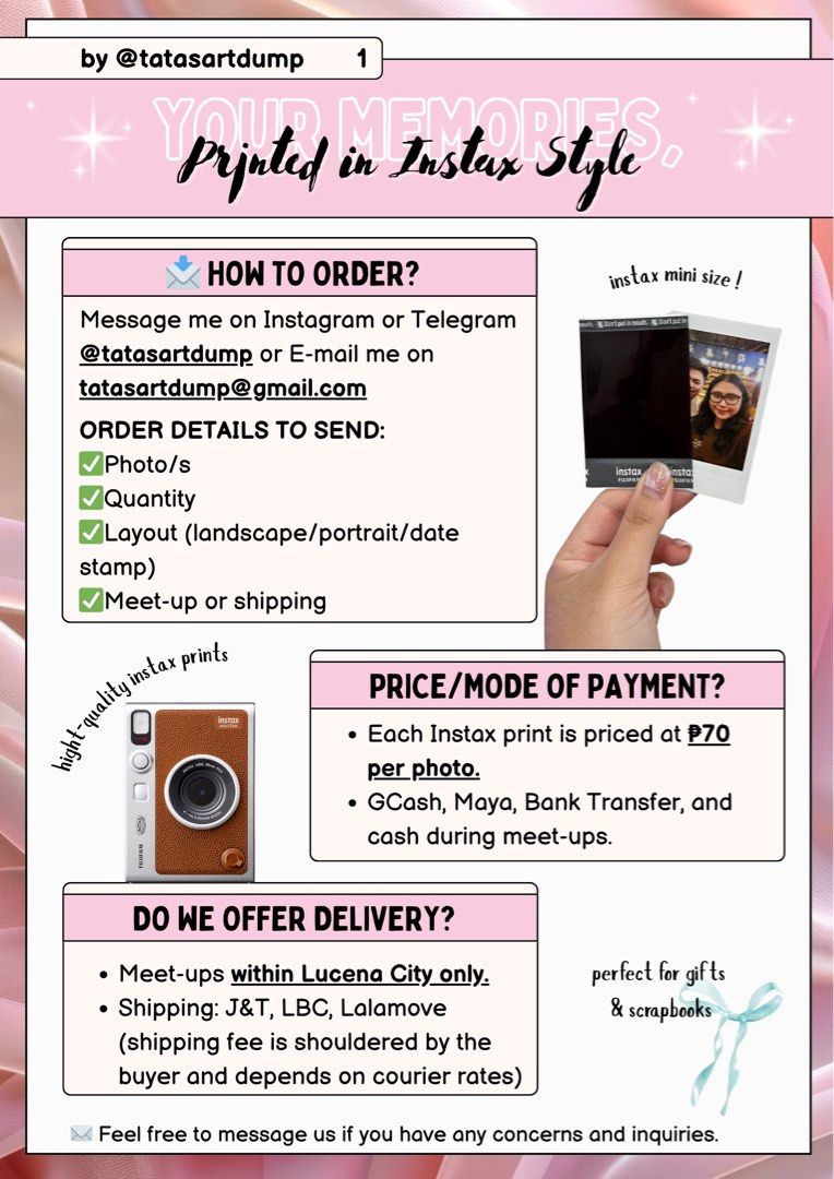 Instax Mini - Print (Category: Cameras) located in Lucena. Submitted by tisang11 (Listing ID 1449078622, Image 2). Description: Please read the instructions in the photo provided. Thank you!.
