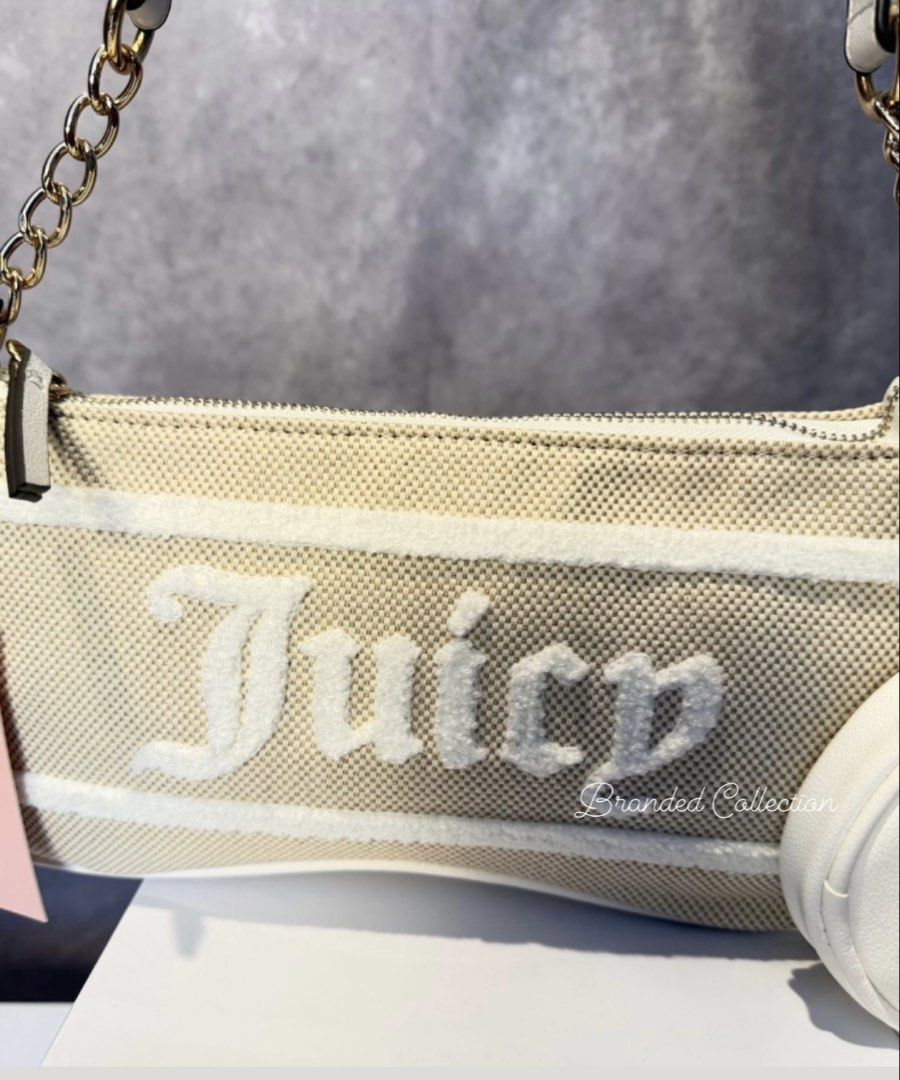 Juicy Couture Resort Shoulder Bag (Category: Tote Bags) located in Manila. Submitted by usbrandedcollections (Listing ID 1448896371, Image 3). Description: SKU: BAG-JCT-003 This adorable baguette-style purse, futures a beige woven canvas body with bold beige fuzzy chenille “Juicy” logo detailing. Includes the matching round beige coin pouch with gold hardware and fluffy pom charm. 11” x 5.5” H x 2” D ✅ 💯% Legit Seller ✅ 💯 Authentic 🇺🇸 (All it