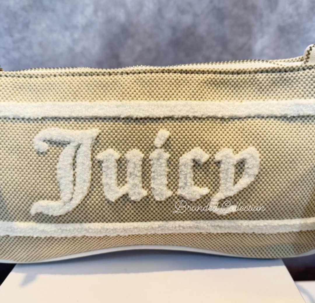 Juicy Couture Resort Shoulder Bag (Category: Tote Bags) located in Manila. Submitted by usbrandedcollections (Listing ID 1448896371, Image 2). Description: SKU: BAG-JCT-003 This adorable baguette-style purse, futures a beige woven canvas body with bold beige fuzzy chenille “Juicy” logo detailing. Includes the matching round beige coin pouch with gold hardware and fluffy pom charm. 11” x 5.5” H x 2” D ✅ 💯% Legit Seller ✅ 💯 Authentic 🇺🇸 (All it
