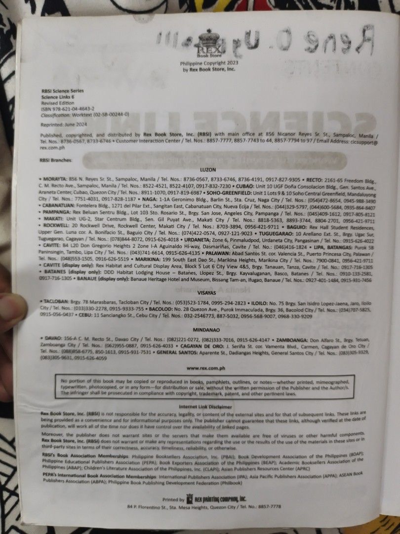 K12 Science Links Worktext Grade 6 Revised Edition Rex Education (Category: Textbooks) located in Cavite. Submitted by wanaricci (Listing ID 1448952434, Image 2). Description: - Grade 6 Science Worktext - Title: Science Links Worktext for Scientific and Technological Literacy - Edition: Revised Edition - Curriculum: K12 K-12 Compliant - Publisher: Rex Education (Rex Book Store, Inc.) - Copyright: 2021 - Ideal for students learning science concept