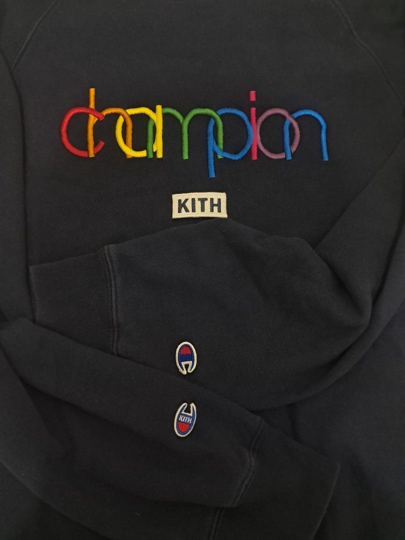 KITH x Champion Rainbow Logo Navy Sweatshirt (Category: Coats, Jackets and Outerwear) located in Caloocan City. Submitted by zwolf1 (Listing ID 1449091287, Image 3). Description: Authentic Navy blue champion kith sweater sweatshirt pullover 9/10 condition Large on tag Complete tags No issue firm.