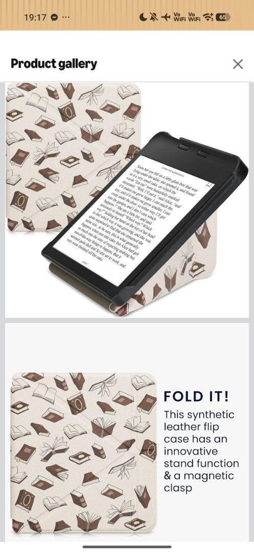 Kobo Libra 2 KL2 Origami Case (Category: Cases & Sleeves) located in Quezon City. Submitted by isabuys (Listing ID 1449024939, Image 1). Description: - Specifically designed for Kobo Libra 2 - Features a charming book print pattern - Made from durable synthetic leather - Innovative Origami stand function for hands-free reading - Secure magnetic clasp closure - Protects your e-reader from scratches and bumps.