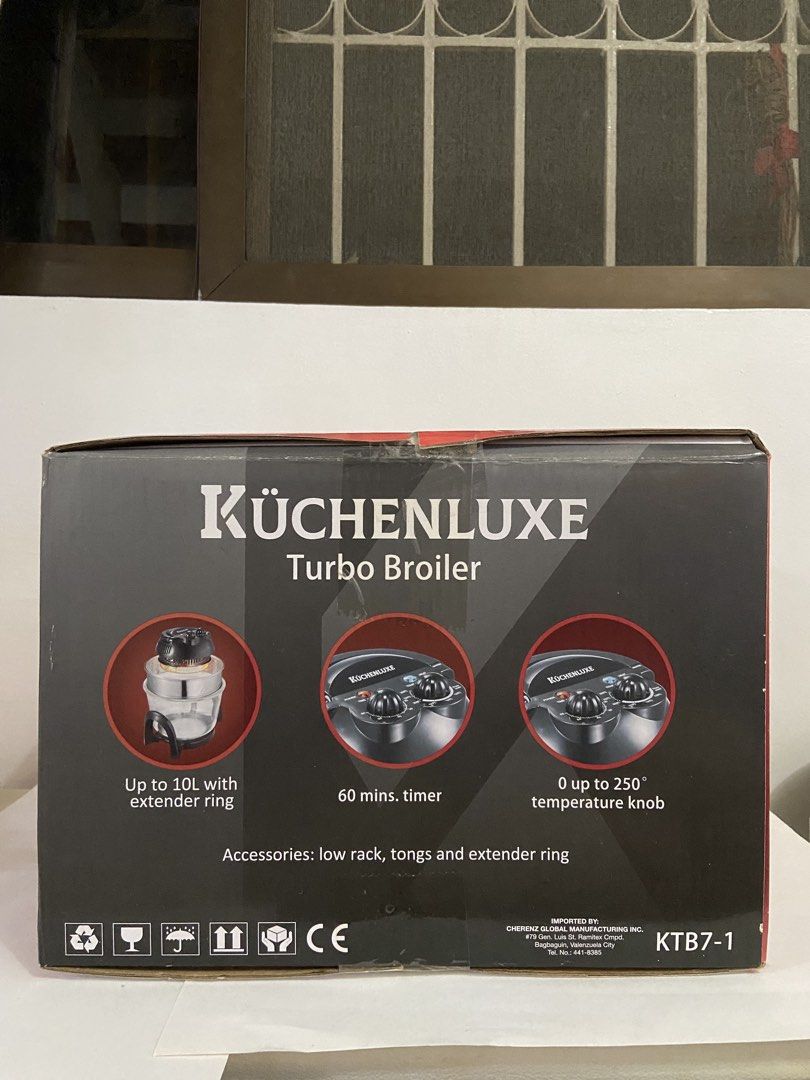 Kuchenluxe Turbo Broiler KTB7-1 (Category: Cookware & Accessories) located in Paranaque City. Submitted by millictea (Listing ID 1448960985, Image 2). Description: - Kuchenluxe Turbo Broiler - Up to 10L capacity with extender ring - 60-minute timer - Temperature up to 250°C - Includes: low rack, tongs, extender ring - Ideal for roasting and broiling MOP: GCash/GoTyme/Maya/MariBank.