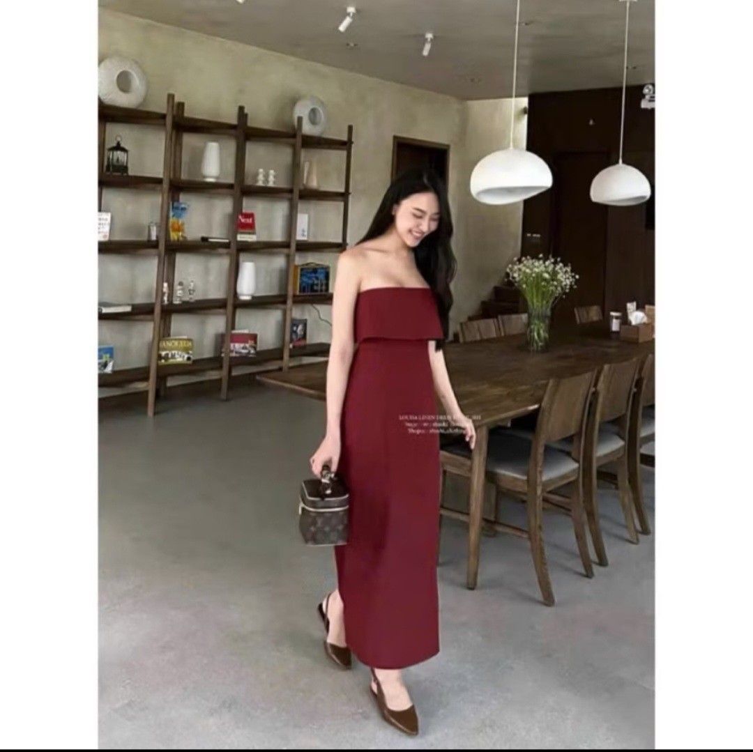 Linen Long Red Dress (Category: Dresses) located in Manila. Submitted by germainevry (Listing ID 1448994700, Image 3). Description: Material: Linen Color: Red wine Brand new, Never Worn (Photos from the brand on the orange app) Bought it from the orange app (currently sold out) Made in Vietnam Price still nego, msg me your best price RFS: too long for me and won't be worn anymore 🥺.