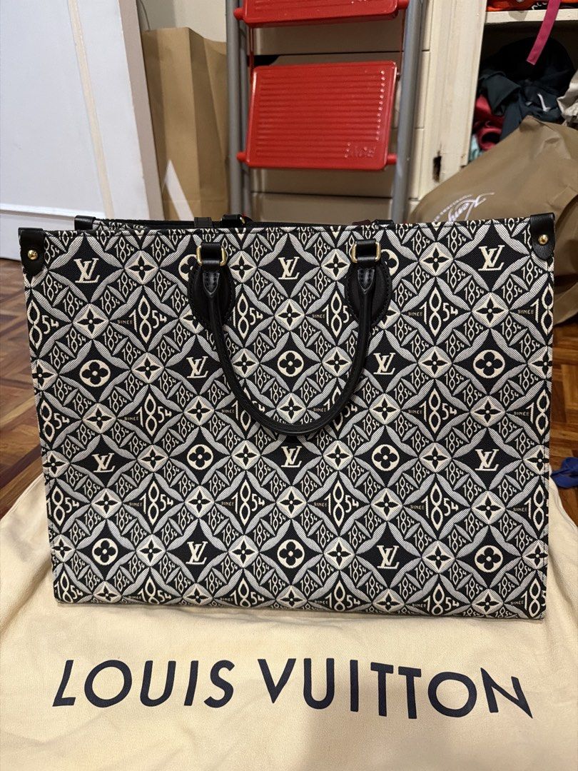 Louis Vuitton Monogram Jacquard Tote Bag (Category: Luxury Bags & Wallets) located in Quezon City. Submitted by branded_closet01 (Listing ID 1449040222, Image 2). Description: - Authentic Louis Vuitton tote bag - Iconic black and white monogram jacquard weave - Genuine leather handles and trim - Spacious interior, perfect for everyday or travel - Comes with original dust bag This is a Louis Vuitton “Since 1854” OnTheGo GM tote bag featuring a bla