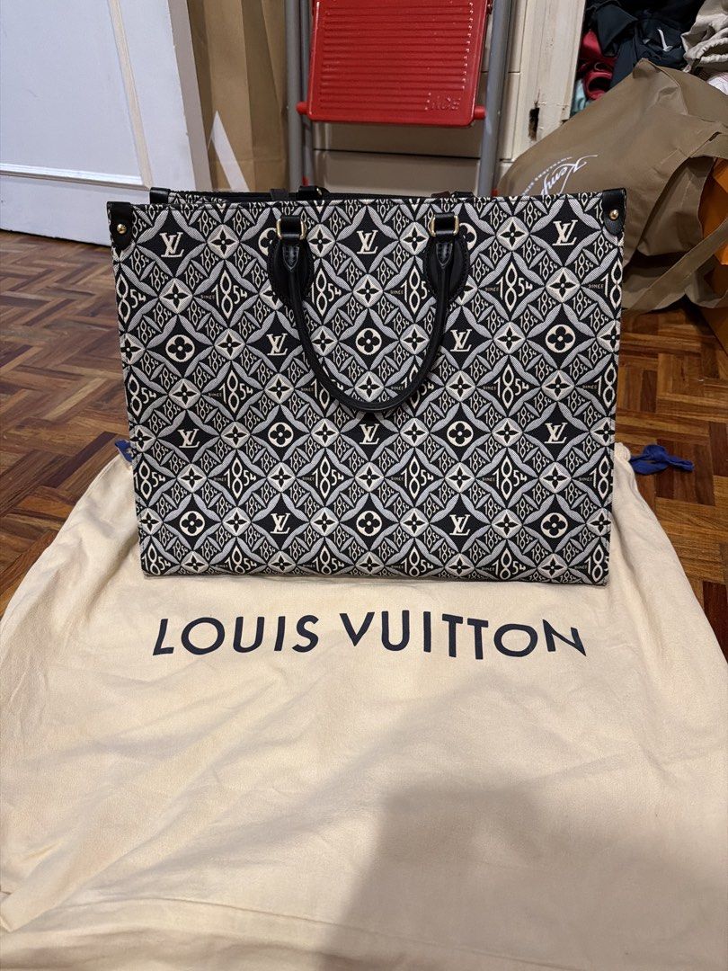 Louis Vuitton Monogram Jacquard Tote Bag (Category: Luxury Bags & Wallets) located in Quezon City. Submitted by branded_closet01 (Listing ID 1449040222, Image 1). Description: - Authentic Louis Vuitton tote bag - Iconic black and white monogram jacquard weave - Genuine leather handles and trim - Spacious interior, perfect for everyday or travel - Comes with original dust bag This is a Louis Vuitton “Since 1854” OnTheGo GM tote bag featuring a bla