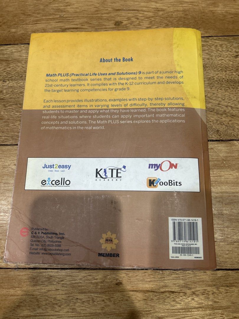 Math Plus 9: Practical Life Uses and Solutions Textbook (Category: Textbooks) located in Manila. Submitted by Declutterland (Listing ID 1448990091, Image 2). Description: - Math Plus (Practical Life Uses and Solutions) Grade 9 Textbook - Aligned with K-12 Curriculum - Designed for 21st-century learners - Develops Grade 9 learning competencies - Features illustrations, step-by-step examples, and assessments - Explores real-world applications of ma