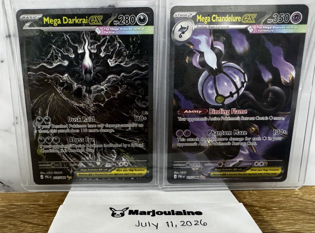 Mega Darkrai Ex SIR and Mega Chandelure Ex SIR (Category: Raw Singles) located in Manila. Submitted by Collectors_Chest_PH (Listing ID 1449103646, Image 1). Description: Selling my Pre-Release Hits * Mega Darkrai Ex SIR- ₱35k OBO * Mega Chandellure Ex SIR- Collectr Price OBO Feel free to offer For meet up only so that you can inspect the card/s Meet up: SM San Lazaro.