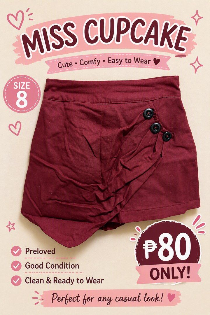 Miss Cupcake Skirt Size 8 (Category: Skirts) located in Taguig. Submitted by jtarroyo (Listing ID 1449063179, Image 1). Description: - Cute maroon skirt - Brand: Miss Cupcake - Size: 8 - Features: Clean, ready to wear, comfortable, easy to wear - Style: Perfect for any casual look.