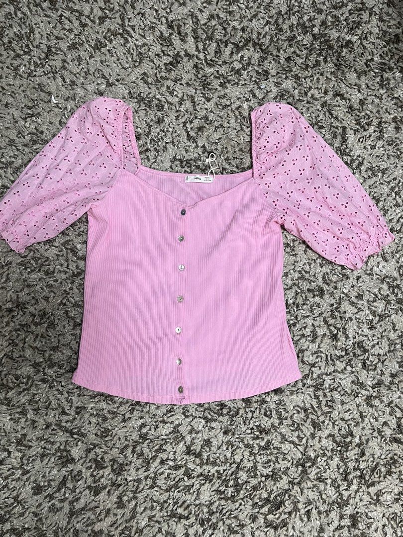 MNG Pink Ribbed Puff Sleeve Eyelet Top (Category: Blouses) located in Pasay City. Submitted by losient (Listing ID 1449071685, Image 1). Description: - Pink ribbed top - Puff sleeves with eyelet details - Button-up front - Square neckline - Estimated size: XL.