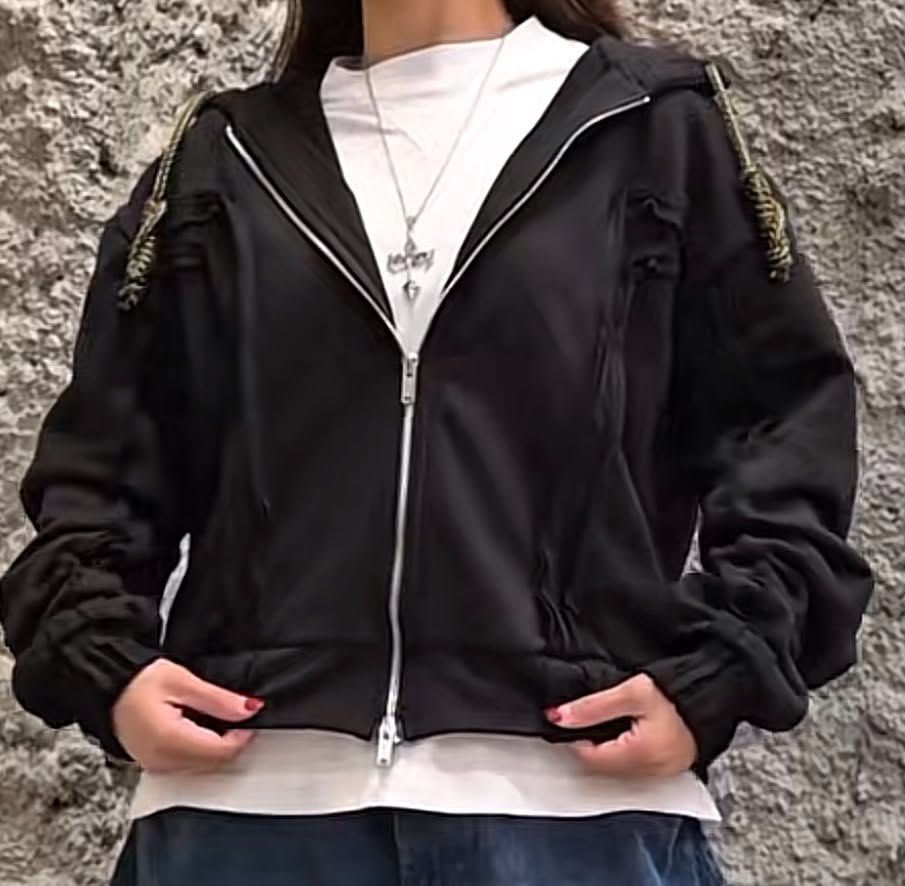 MN+LA Cross Forged Zip Hoodie (Category: Coats, Jackets and Outerwear) located in Manila. Submitted by smdvr27 (Listing ID 1448978571, Image 1). Description: - Black zip-up hoodie - Features stylish ruched detailing on the sleeves - Adjustable drawstring hood for a custom fit - Comfortable and versatile for everyday wear - Ideal layering piece for casual outfits.